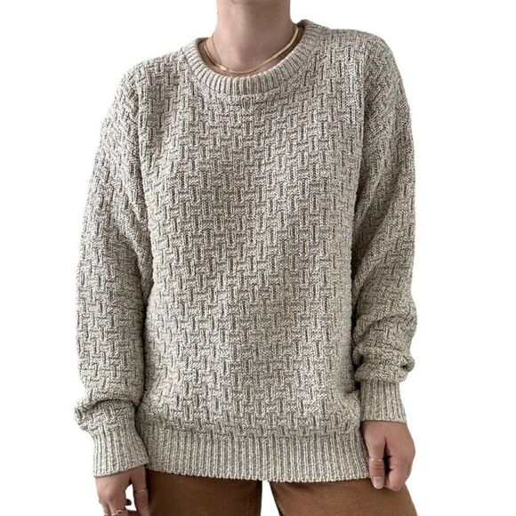 Vintage 1990s Eddie Bauer Beige Tan Crewneck Chunky Cotton Sweater Made in USA - Picture 1 of 8